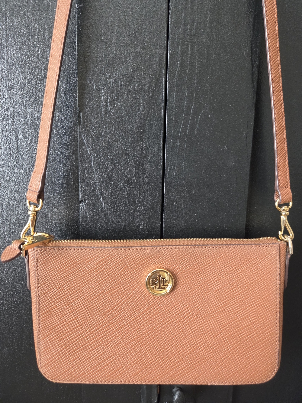 Ralph Lauren Saffiano Cognac Crossbody with Gold RL